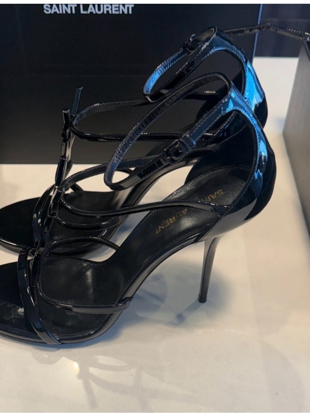 Saint Laurent Black Patent YSL Logo Strappy Heels - Picture 2 of 4
